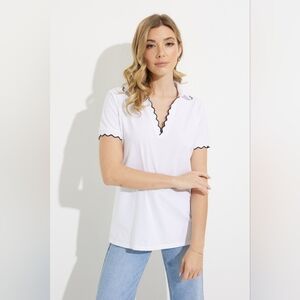 NWOT ORLY White Scallop Trim Top Polo Shirt